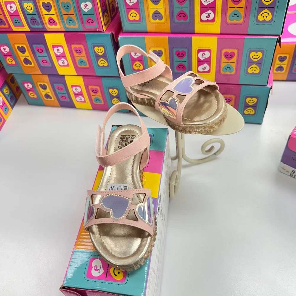 Pampili FeetCare Pink Iridescent Heart Sandals Glitter Sole Kids Size 13 US